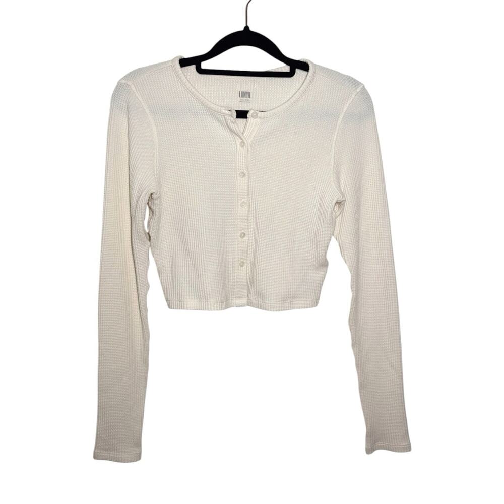 Lunya Cream Pima Cotton Waffle Knit Lounge Cropped Button Front Cardigan Top XS